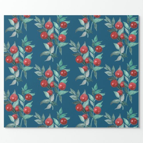 Watercolor Festive Christmas Red Berries Dark Blue Wrapping Paper
