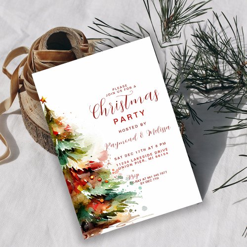 Watercolor Festive Christmas Tree Party Invitation