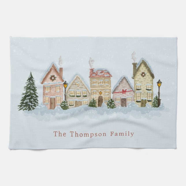 Watercolor Festive Christmas Village & Family Name Kitchen Towel (Horizontal)
