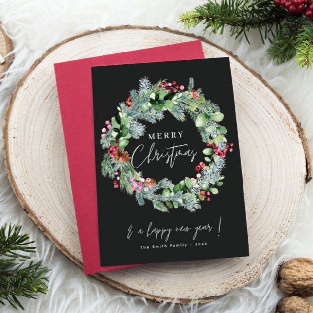 Watercolor Festive Christmas Wreath Black Holiday Card (Creator Uploaded)