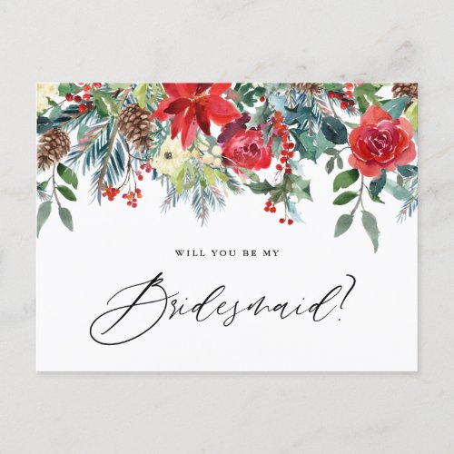 Watercolor Festive Floral Garland Be My Bridesmaid Announcement Postcard