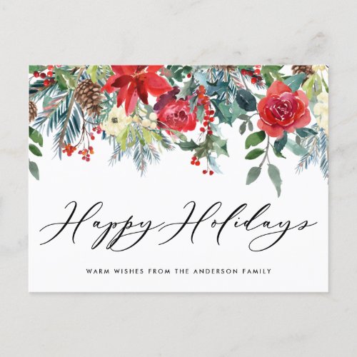 Watercolor Festive Floral Garland Happy Holidays Holiday Postcard