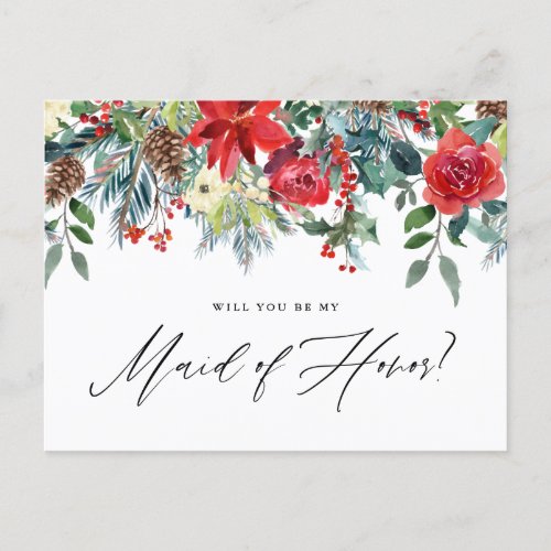 Watercolor Festive Floral Garland Maid of Honor Announcement Postcard