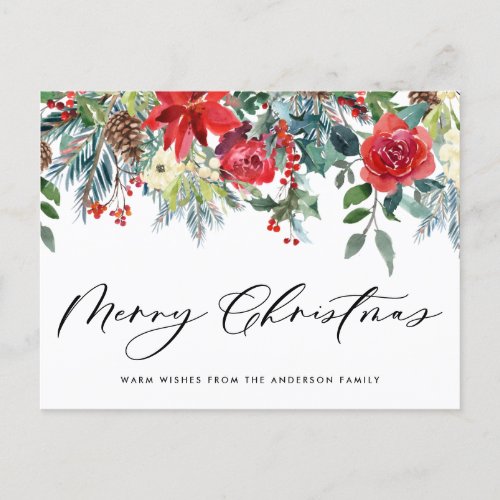 Watercolor Festive Floral Garland Merry Christmas Holiday Postcard