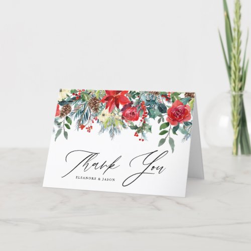 Watercolor Festive Floral Garland Winter Wedding Thank You Card