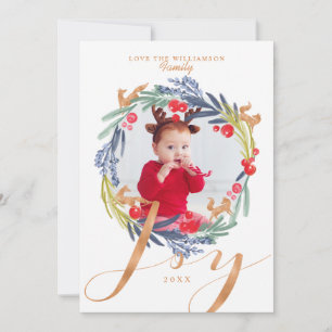 Watercolor Festive foliage Wreath & Fox Photo Holiday Card