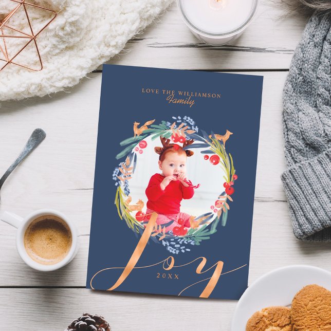 Watercolor Festive foliage Wreath & Fox Photo Holiday Card (Watercolor Festive foliage Wreath & Fox Photo Holiday Card)