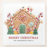 Watercolor Festive Gingerbread House Christmas Glass Coaster<br><div class="desc">Merry Christmas | Customizable Christmas coaster. It features a watercolour festive gingerbread house with candy canes,  peppermints and candies accent. Personalize by adding your details. This custom Christmas coaster is perfect as a personalized gift. Matching items are available.</div>