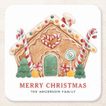 Watercolor Festive Gingerbread House Christmas Square Paper Coaster<br><div class="desc">Merry Christmas | Customizable Christmas coaster. It features a watercolour festive gingerbread house with candy canes,  peppermints and candies accent. Personalize by adding your details. This custom Christmas coaster is perfect as a personalized gift. Matching items are available.</div>