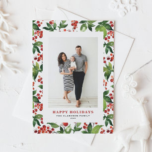 Watercolor Festive Greenery and Winterberry Photo Holiday Postcard
