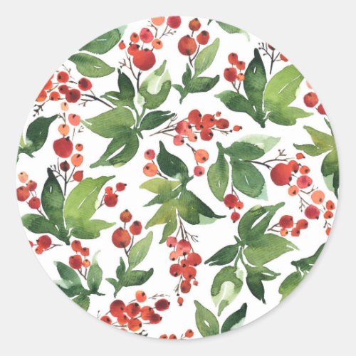 Watercolor Festive Holly Pattern Christmas Classic Round Sticker