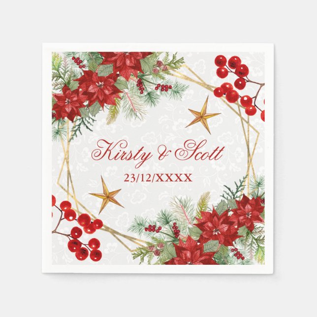 Watercolor Festive Poinsettia Winter Wedding Napkins (Front)