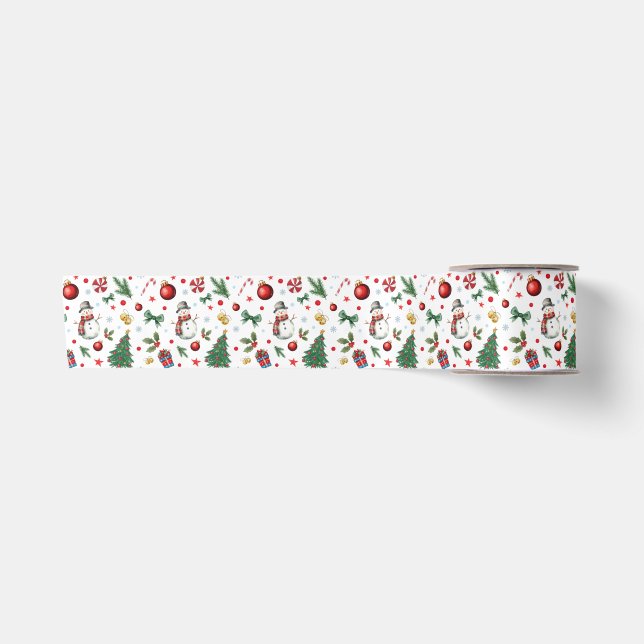 Watercolor Festive Xmas Icons Colorful Christmas Satin Ribbon (Front)