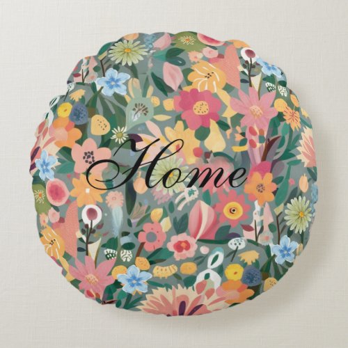 Watercolor fibrant Flower garden Green and peach Round Pillow