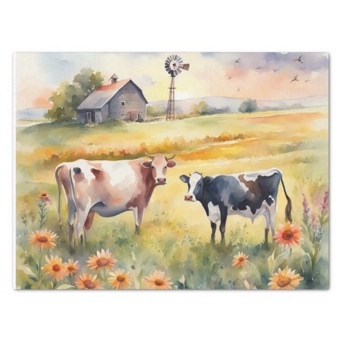 Watercolor Field of cows and sunrise Tissue Paper