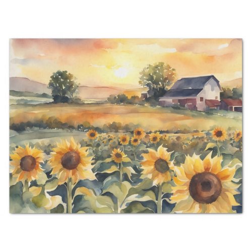 Watercolor Field of sunflowers and sunrise Tissue Paper
