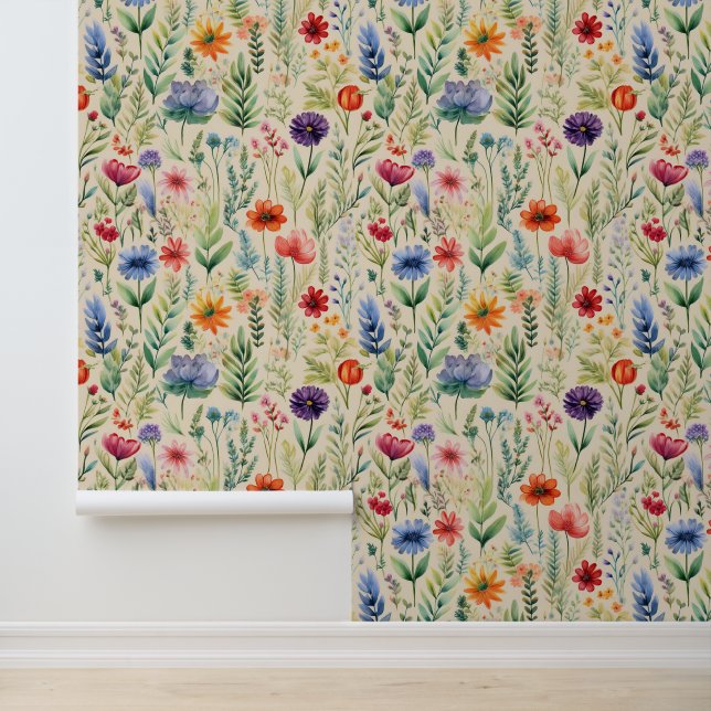 Watercolor Field of Wild Flowers on Cream Wallpaper (Application)
