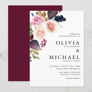 Watercolor Figs and Autumn Blooms Floral Wedding Invitation