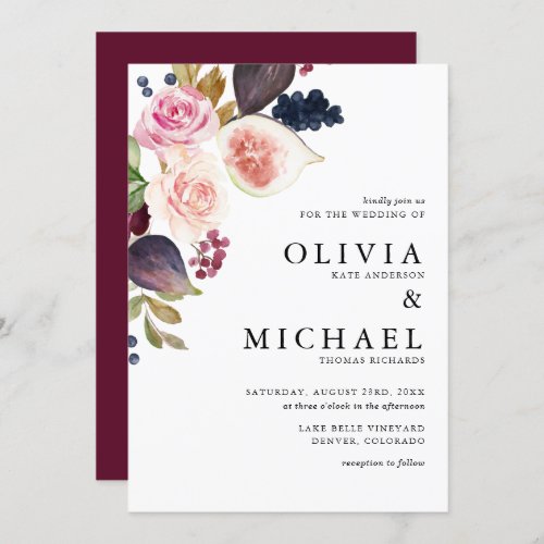 Watercolor Figs and Autumn Blooms Floral Wedding Invitation