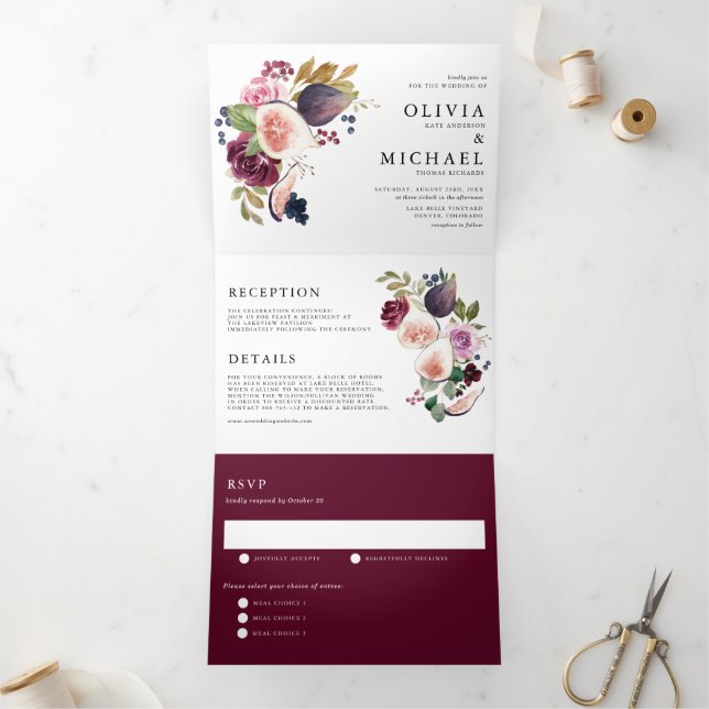 Watercolor Figs and Autumn Flowers Wedding Tri-Fold Invitation (Inside)