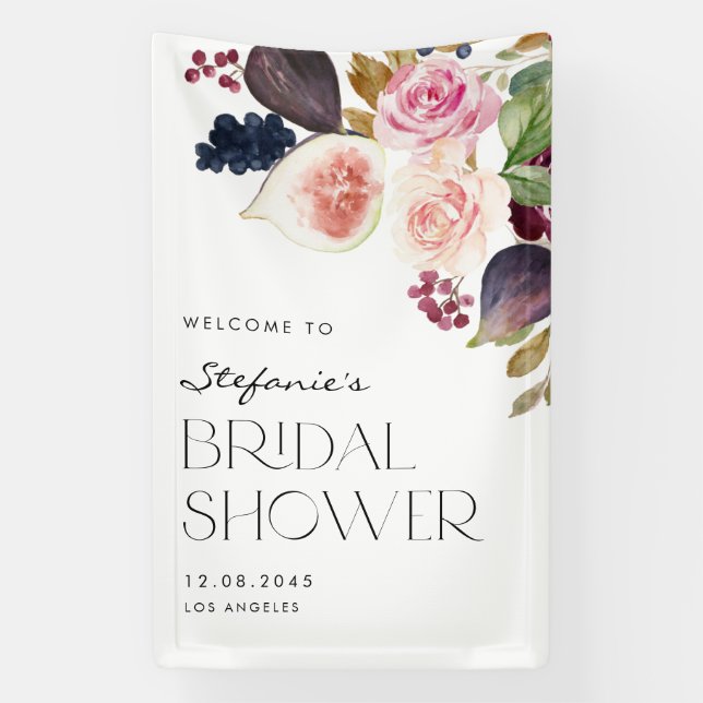 Watercolor Figs and Berry Floral Bridal Shower Banner (Vertical)