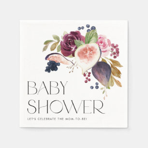 Watercolor Figs and Burgundy Floral Baby Shower Napkins