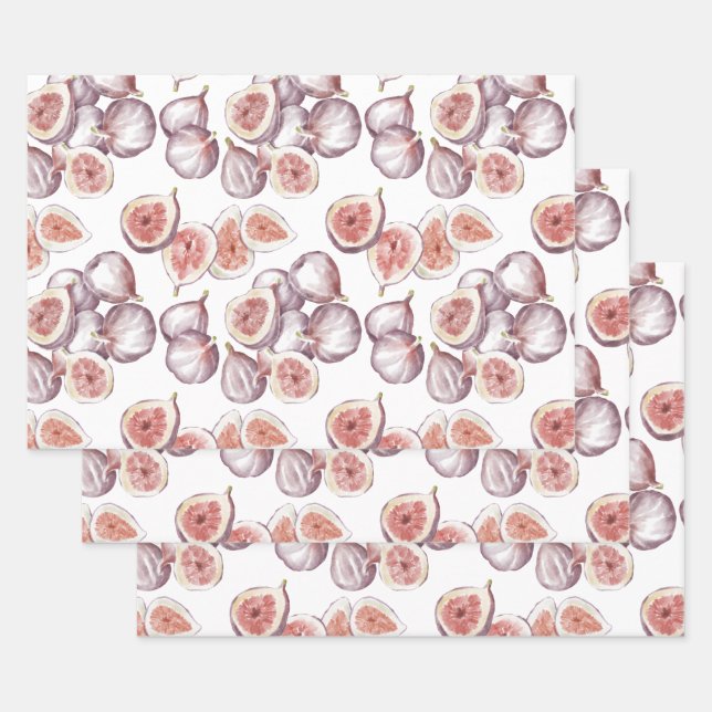 Watercolor Figs on White Wrapping Paper Sheets (Set)