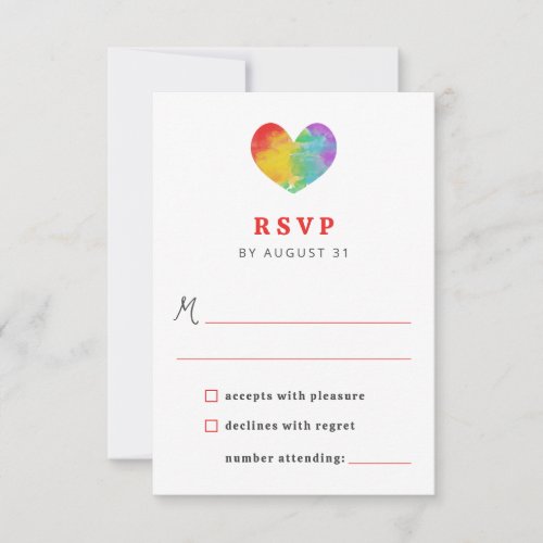 Watercolor Filled Pride Heart Gay Lesbian Wedding  RSVP Card