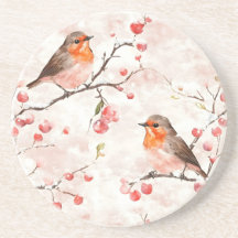 Watercolor Finch in a Snowy Winter Tree & Berries