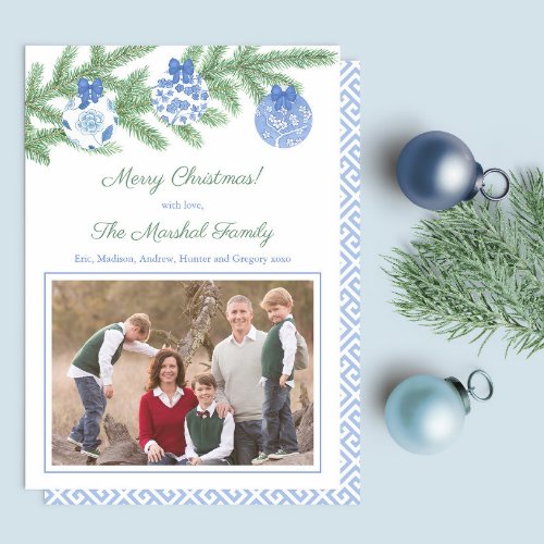 Watercolor Fir Tree Blue White Xmas Baubles Photo Holiday Card
