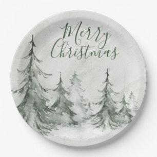 Watercolor Fir Trees Winter, Christmas Party Paper Plates
