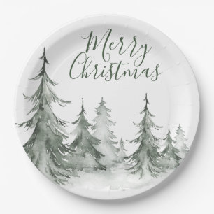 Watercolor Fir Trees Winter, Christmas Party Paper Plates