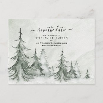 Watercolor Fir Trees Winter Wedding Announcement Postcard by SpecialOccasionCards at Zazzle