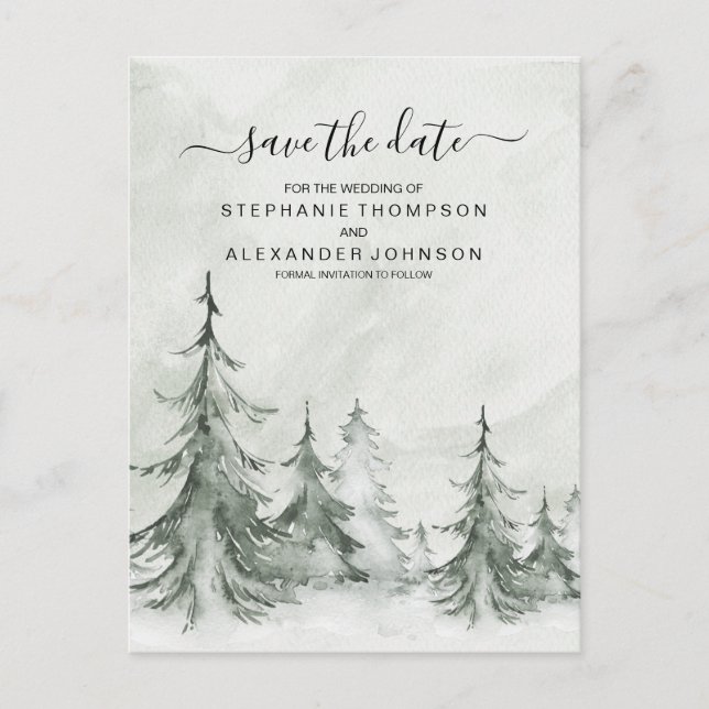 Watercolor Fir Trees Winter Wedding Announcement Postcard (Front)