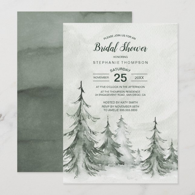 Watercolor Fir Trees Winter Wedding Invitation (Front/Back)