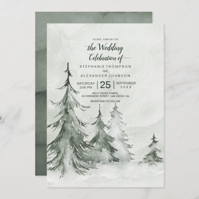 Watercolor Fir Trees Winter Wedding Invitation (Front/Back)