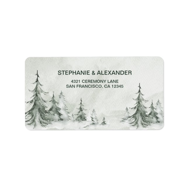 Watercolor Fir Trees Winter Wedding Label (Front)