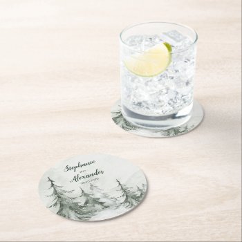 Watercolor Fir Trees Winter Wedding Round Paper Coaster by SpecialOccasionCards at Zazzle