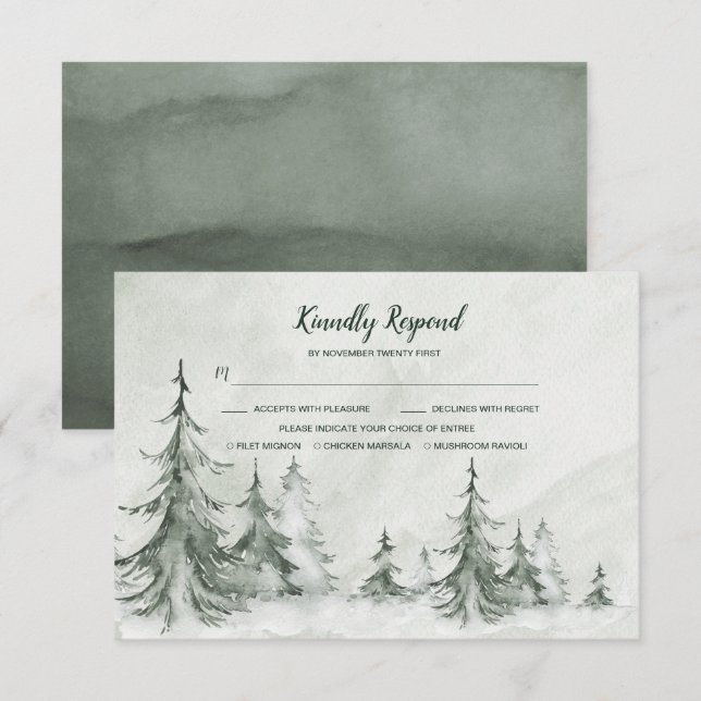 Watercolor Fir Trees Winter Wedding RSVP Card (Front/Back)