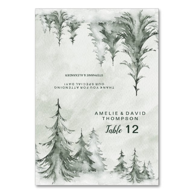 Watercolor Fir Trees Winter Wedding Table Number (Front)