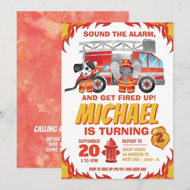 Watercolor Fire Truck Birthday Party Invitation (Front/Back)