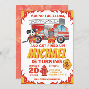 Watercolor Fire Truck Birthday Party Invitation