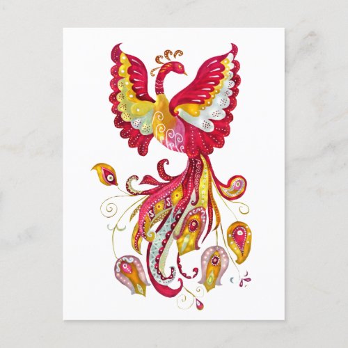Watercolor Firebird or Phoenix Fantasy Bird Postcard