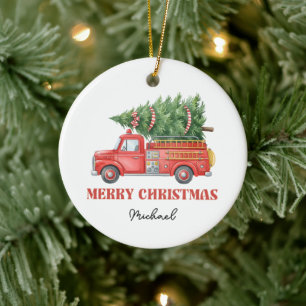 Watercolor Firefighter Christmas Fire Truck Ceramic Ornament