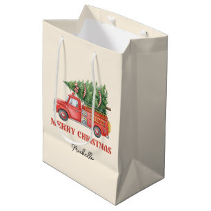 Watercolor Firefighter Christmas Fire Truck  Medium Gift Bag