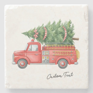 Watercolor Firefighter Christmas Fire Truck Stone Coaster