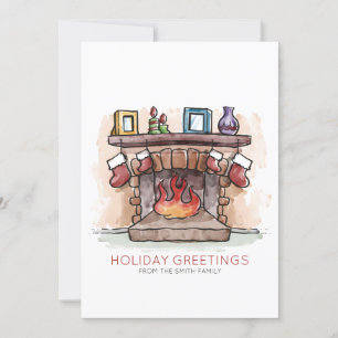 Watercolor Fireplace Holiday Greetings Card