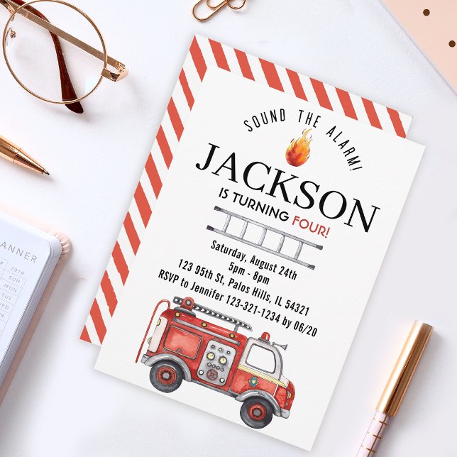 Watercolor firetruck birthday invitation for boy (Creator Uploaded)