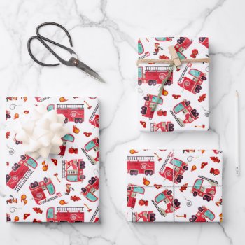 Watercolor Firetrucks Kids Firefighter Trucks Wrapping Paper Sheets by LilPartyPlanners at Zazzle