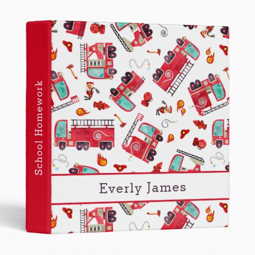 Watercolor Firetrucks Kids Personalized 3 Ring Binder